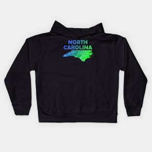 Colorful mandala art map of North Carolina with text in blue and green Kids Hoodie